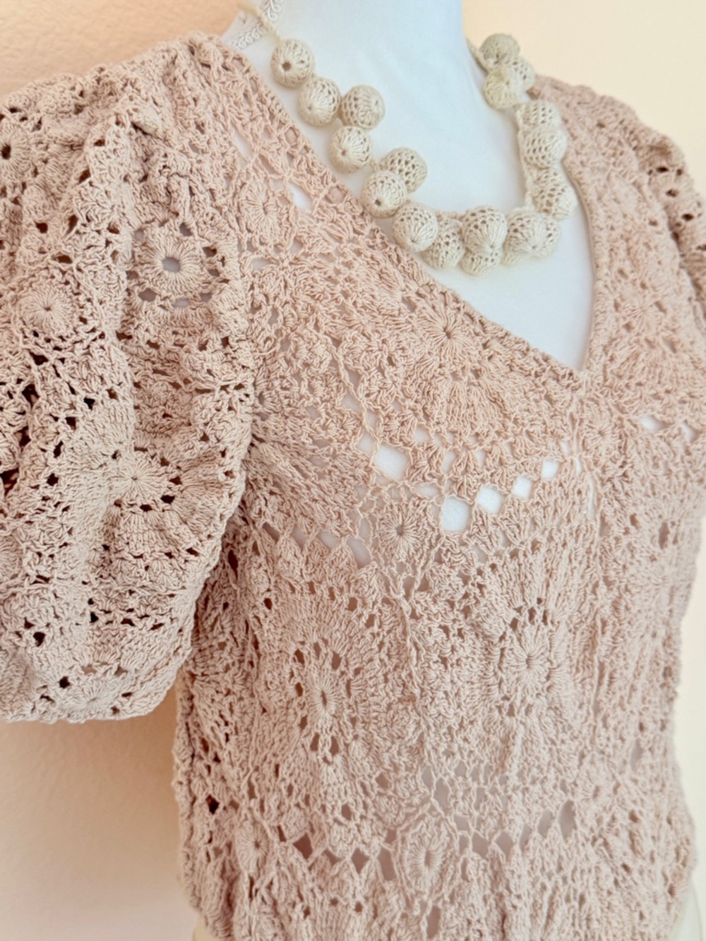FREE PEOPLE Crochet V-Neck Bodysuit in Soft Blush Beige Boho Top Festival Blouse